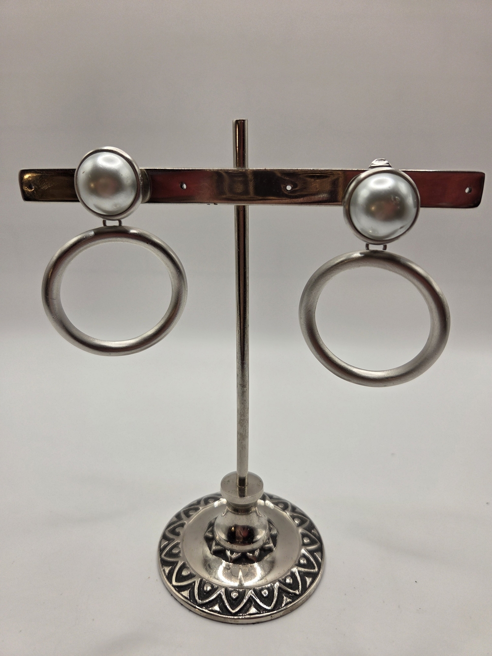 1647. Monet Silver-Tone Pearl Top Open Hoop Clip On Earrings